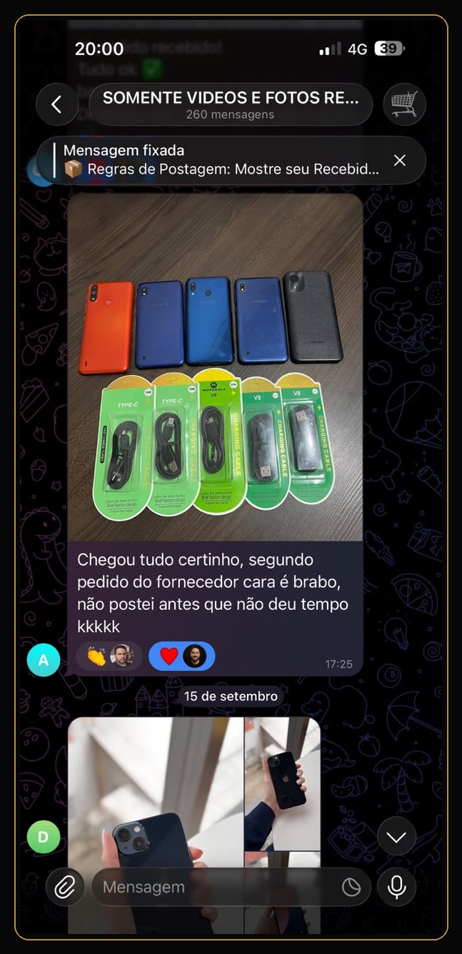 Produtos reais recebidos e compartilhados por membros da comunidade