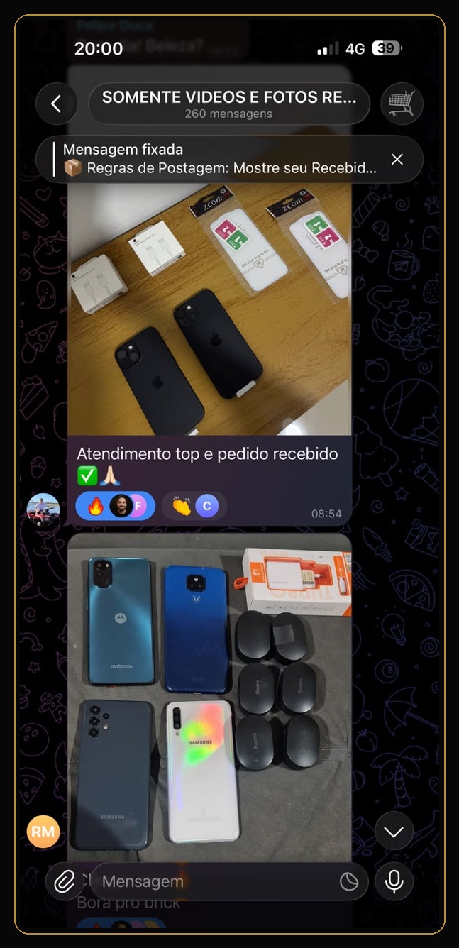 Produtos reais recebidos e compartilhados por membros da comunidade